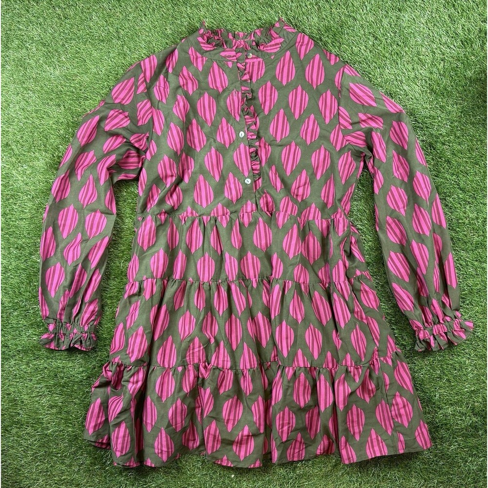 j.marie Tiered Mini Dress Womens Large Pink Green Ruffle Long Sleeve Geometric